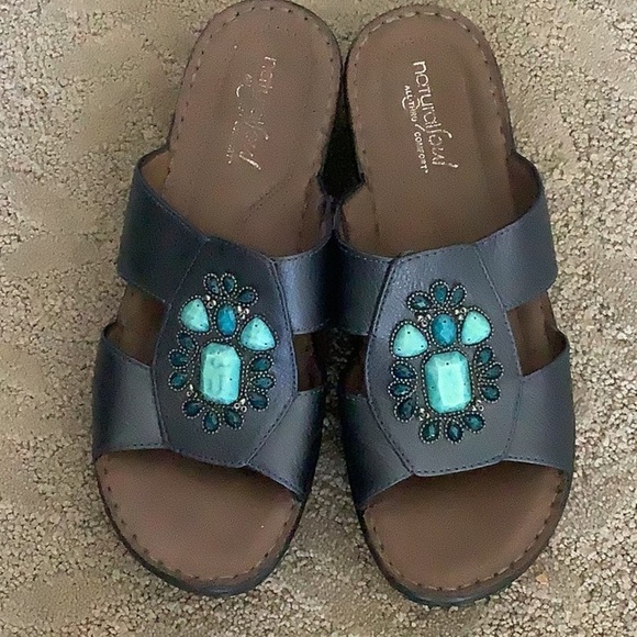 Natural Soul Comfort Metallic Blue Wedge Sandals - Picture 1 of 6
